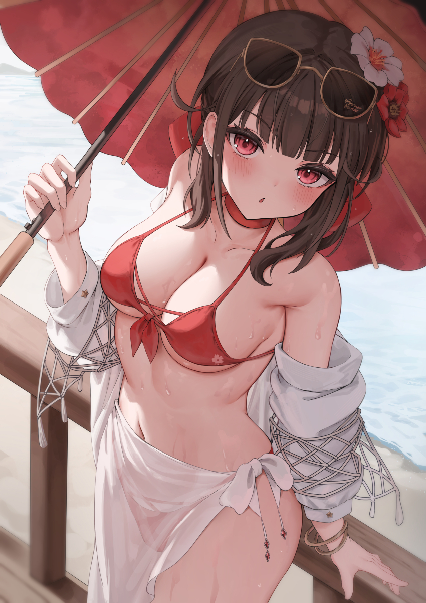 1girl absurdres bikini blush breasts brown_hair choker cleavage eyewear_on_head flower goddess_of_victory:_nikke hair_flower hair_ornament highres holding holding_umbrella lace lace-trimmed_bikini lace_trim large_breasts long_hair looking_at_viewer navel navel_peek official_alternate_costume red_bikini red_choker red_eyes sakura_(nikke) sarong see-through_clothes see-through_sarong shiriaru_(jjonaeng) solo sunglasses swimsuit umbrella white_sarong