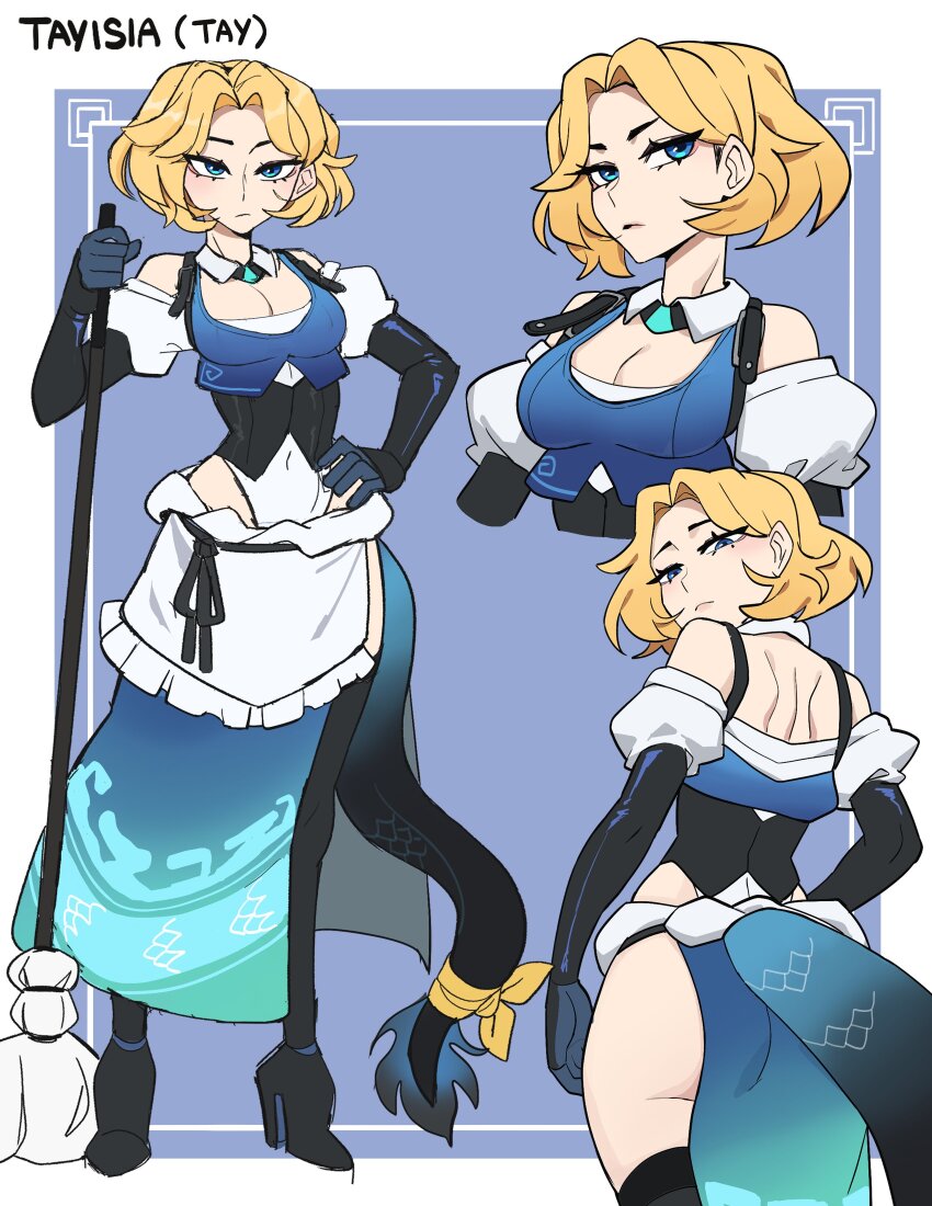 1girl absurdres apron bare_shoulders black_gloves black_thighhighs blonde_hair blue_background blue_eyes blue_skirt border breasts character_name cleavage closed_mouth commentary covered_navel cowboy_shot cropped_torso detached_collar elbow_gloves english_commentary from_behind from_below full_body gloves hand_on_own_hip high_heels highres hip_vent holding holding_mop hyyun_ho looking_at_viewer looking_back medium_breasts mop multiple_views off-shoulder_shirt off_shoulder original outside_border parted_lips ribbon shirt short_hair skirt tail tail_ornament tail_ribbon thighhighs waist_apron white_apron white_border white_shirt yellow_ribbon