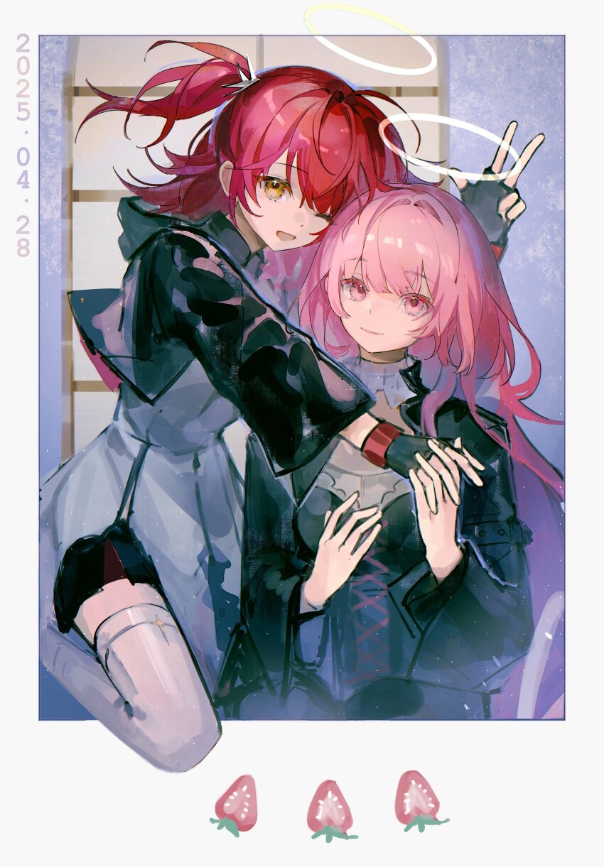 2girls absurdres arknights black_gloves black_jacket border closed_mouth commentary cropped_jacket dated dress exusiai_(arknights) exusiai_the_new_covenant_(arknights) fingerless_gloves food fruit gloves halo highres holding_hands interlocked_fingers jacket lemuen_(arknights) long_hair long_sleeves multiple_girls open_mouth orange_eyes outside_border pink_eyes pink_hair red_hair strawberry thighhighs traditional_halo v white_dress white_thighhighs yezhi_dun_luobei