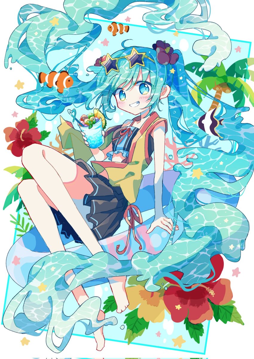 1girl ahoge bare_arms barefoot black_skirt blue_eyes blue_hair blush clownfish commentary_request corrupted_twitter_file cup drink drinking_straw eyewear_on_head fish full_body futaba969649 grin hatsune_miku highres holding holding_cup liquid_hair long_hair looking_at_viewer pleated_skirt shirt skirt sleeveless sleeveless_shirt smile solo star-shaped_eyewear star_(symbol) sunglasses twintails very_long_hair vocaloid yellow_shirt