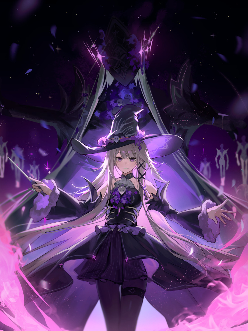 1girl absurdres alternate_costume alternate_universe bad_end bare_shoulders black_hat black_pantyhose black_sleeves brown_hair commentary conductor_baton detached_sleeves flower grin hat herta_(honkai:_star_rail) highres holding honkai:_star_rail honkai_(series) irontomb long_hair looking_at_viewer nannaspad pantyhose purple_eyes purple_flower robot smile solo_focus space star_(sky) starry_sky_background symbol-only_commentary the_herta_(honkai:_star_rail) witch_hat