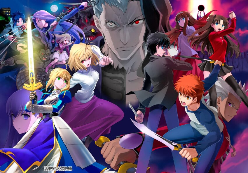 ahoge archer_(fate) arcueid_brunestud armor armored_dress artist_name artoria_pendragon_(fate) black_hair black_jacket black_keys_(type-moon) black_sclera blonde_hair blue_dress blue_eyes blue_hair braid breasts brown_hair building ciel_(tsukihime) cloud colored_sclera commentary_request company_connection dark-skinned_male dark_skin dress dual_wielding emiya_shirou excalibur_(fate/stay_night) facial_mark fate/stay_night fate_(series) forehead_mark full_moon grey_eyes grey_hair hairband heracles_(fate) heterochromia holding holding_knife holding_sword holding_weapon illyasviel_von_einzbern jacket juliet_sleeves kanshou_&amp;_bakuya_(fate) knife long_dress long_skirt long_sleeves matou_sakura medium_breasts medium_skirt medusa_(fate) medusa_(rider)_(fate) michael_roa_valdamjong miniskirt moon nrvnqsr_chaos orange_eyes orange_hair pleated_skirt puffy_sleeves purple_eyes purple_hair purple_skirt raglan_sleeves red_eyes reverse_grip saber_(fate) shirotsumekusa skirt sword tohno_akiha tohno_shiki tohsaka_rin tsukihime two_side_up type-moon weapon white_hairband yellow_eyes