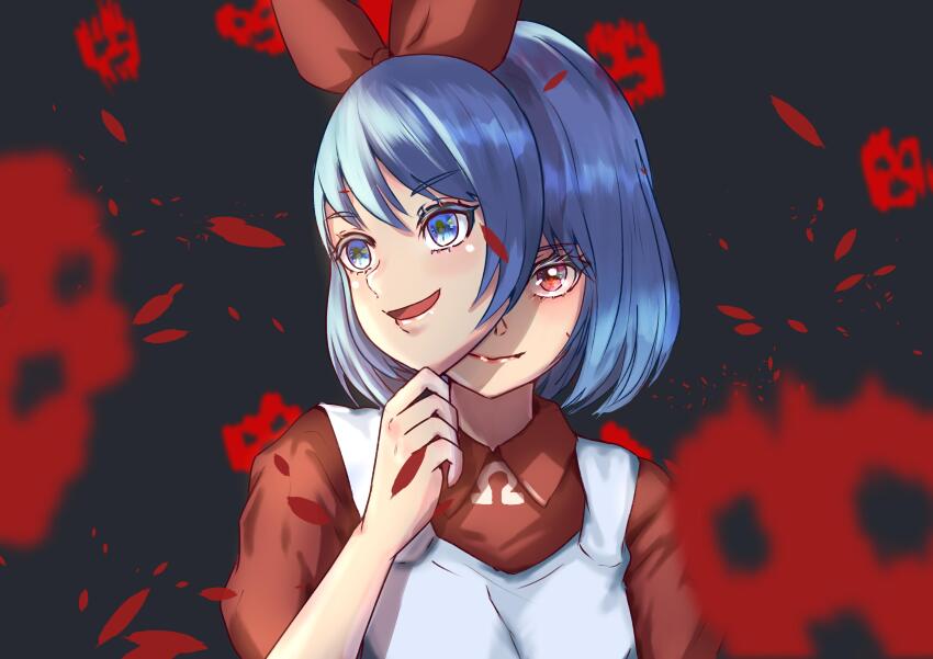 1girl absurdres alternate_eye_color blue_hair commentary_request highres holding holding_mask mask medium_hair omega_ray omega_sisters omega_symbol portrait red_eyes smile solo virtual_youtuber yami_anko