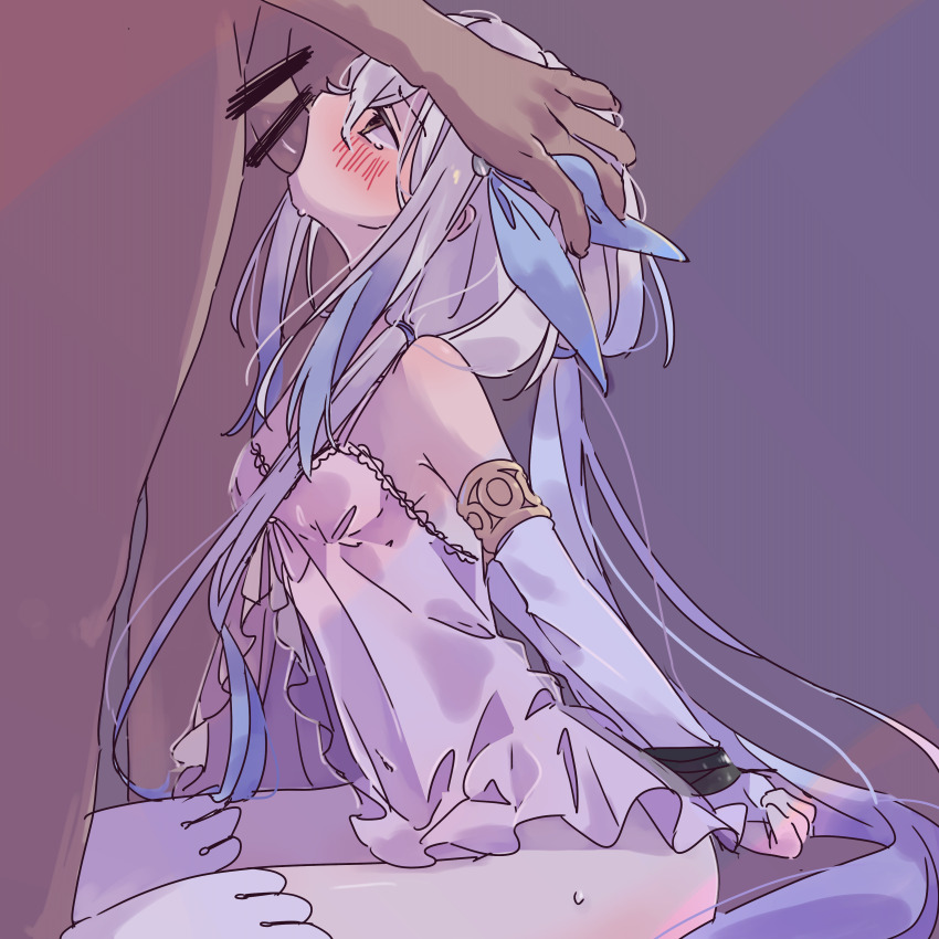 1boy 1girl 385qn absurdres bare_shoulders bdsm blue_dress blush bondage bound breasts censored commentary_request detached_sleeves dress fellatio female_focus gloves grabbing_another&#039;s_head grey_hair highres multicolored_dress multicolored_hair oral shadowverse simple_background small_breasts thighhighs twintails velharia_(shadowverse:_worlds_beyond) white_thighhighs yellow_eyes