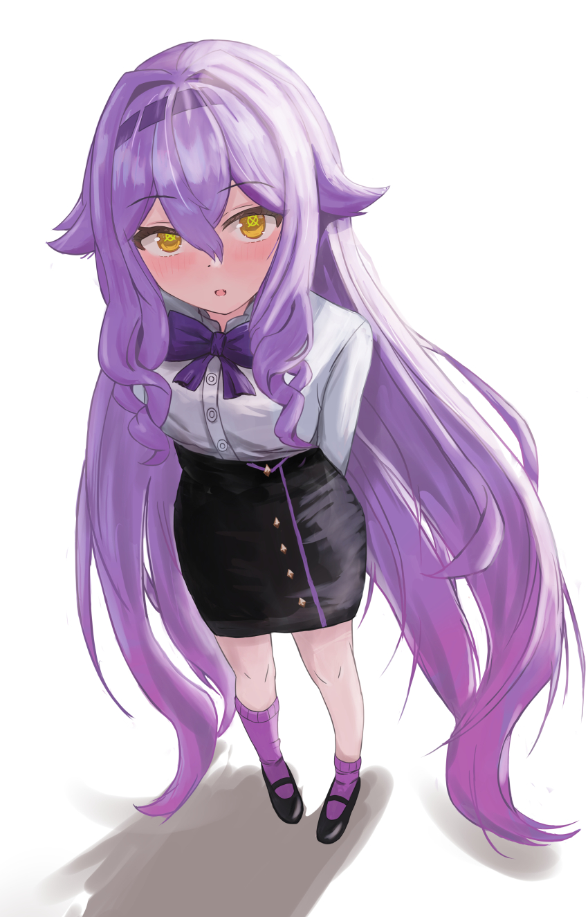 1girl absurdres arms_behind_back black_footwear black_skirt blush bow bowtie from_above hairband highres honkai_(series) honkai_impact_3rd long_hair looking_at_viewer masita_(kcsf3528) open_mouth pencil_skirt purple_bow purple_bowtie purple_eyes purple_socks shadow shirt sirin sirin_(miracle_magical_girl) skirt socks very_long_hair white_background white_shirt yellow_eyes