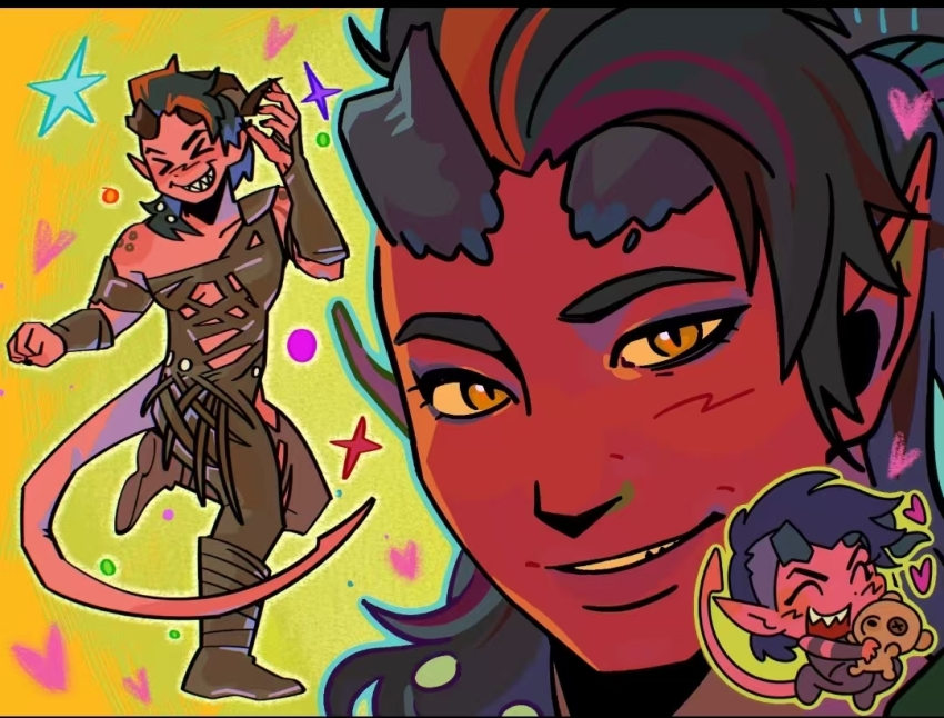 #ai anime_coloring armor baldur&#039;s_gate baldur&#039;s_gate_3 chibi colored_skin cosplay demon_girl demon_horns dungeons_&amp;_dragons dungeons_&amp;_dragons horns karlach karlach_(cosplay) leather_armor mai_waifu non-web_source red_skin shoulder_armor stuffed_animal stuffed_toy tail tall_female teddy_bear tiefling yellow_eyes