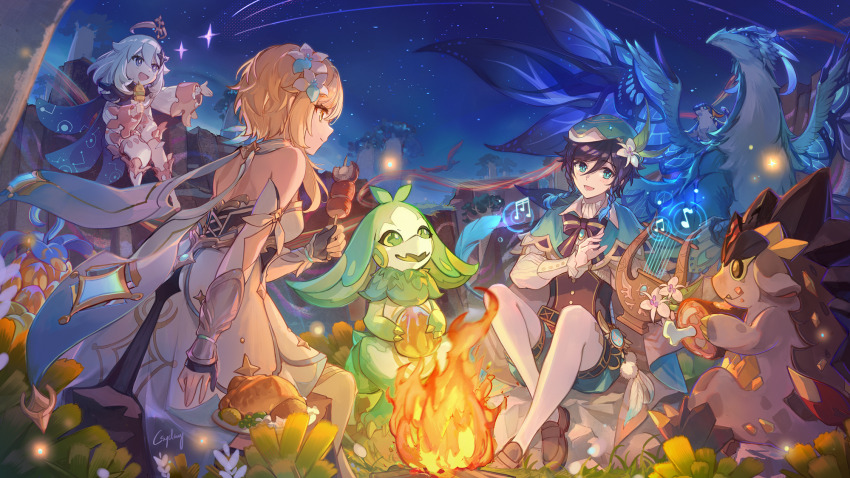 1boy 2girls bard bare_shoulders beret black_scarf blonde_hair bone braid brown_footwear campfire canyon cape collared_cape commentary_request creature csyday detached_sleeves dragon dress dvalin_(genshin_impact) eating floating flower food fruit genshin_impact gloves gradient_hair green_cape green_eyes green_hat green_shorts hair_between_eyes hair_flower hair_ornament halo hat highres holding holding_skewer instrument koholasaurus_(genshin_impact) lumine_(genshin_impact) lyre meat mechanical_halo multicolored_hair multiple_girls music nature night night_sky open_mouth paimon_(genshin_impact) partially_fingerless_gloves playing_instrument rhinoceros romper scarf shish_kebab shooting_star short_hair_with_long_locks shorts side_braids sidelocks sitting skewer sky tepetlisaurus_(genshin_impact) twin_braids venti_(genshin_impact) vision_(genshin_impact) white_dress white_flower white_hair white_romper white_scarf wings yellow_eyes yumkasaurus_(genshin_impact)