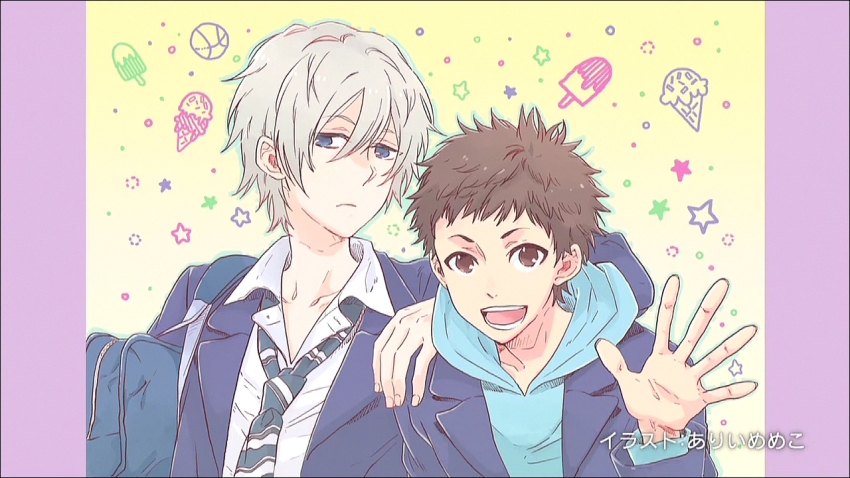 2boys acm black_hair blazer end_card fujiwara_(netsuzou_trap) hood hoodie jacket jitome loose_necktie male_focus multiple_boys necktie netsuzou_trap official_art open_mouth pillarboxed school_uniform short_hair silver_hair simple_background smile takeda_(netsuzou_trap) upper_body waving yellow_background
