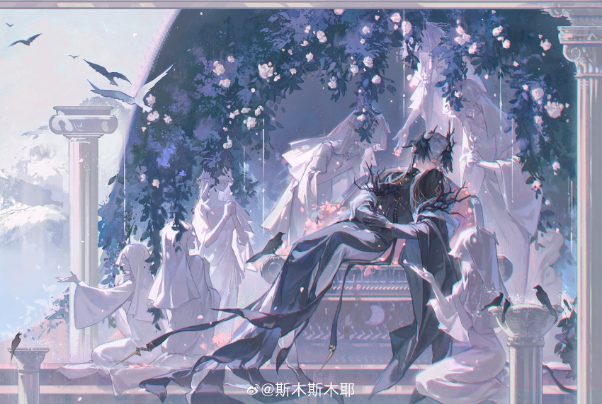 1boy 6+girls absurdres arknights bird black_cape black_gloves black_wings cape commentary gloves grey_hair head_wings highres horns logos_(arknights) multiple_girls pillar pointy_ears sleeping smusmuye veil watermark weibo_watermark wings