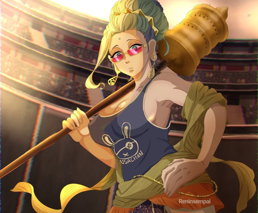 1girl arena bare_shoulders breasts buddha_(shuumatsu_no_valkyrie) female_focus genderswap genderswap_(mtf) highres japanese_clothes kimono large_breasts looking_at_viewer shirt shuumatsu_no_valkyrie sleeveless sleeveless_shirt solo sunglasses weapon