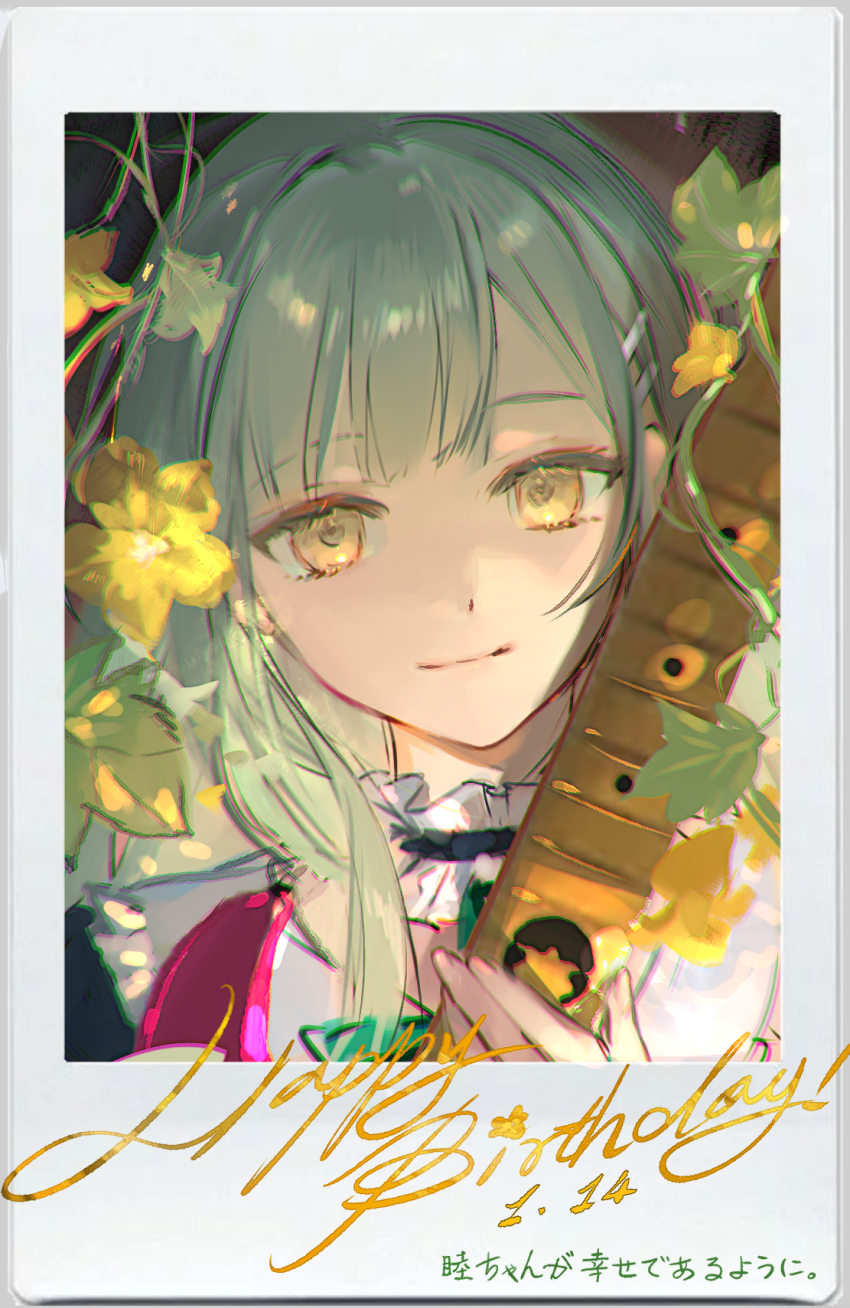 1girl bang_dream! bang_dream!_it&#039;s_mygo!!!!! blue_choker chinese_commentary choker commentary_request cucumber_plant dated electric_guitar fake_photograph flower frilled_choker frills green_hair guitar happy_birthday highres instrument sanmen solo wakaba_mutsumi