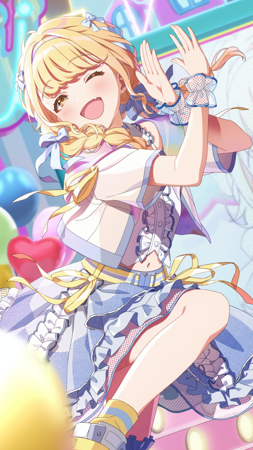 1girl balloon belt blonde_hair bow braid center_frills fang frills fujita_kotone gakuen_idolmaster game_cg hair_bow hairband heart highres idol_clothes idolmaster jacket monitor navel official_art one_eye_closed open_mouth sekaiichi_kawaii_watashi_(idolmaster) skin_fang skirt solo wrist_cuffs yellow_eyes