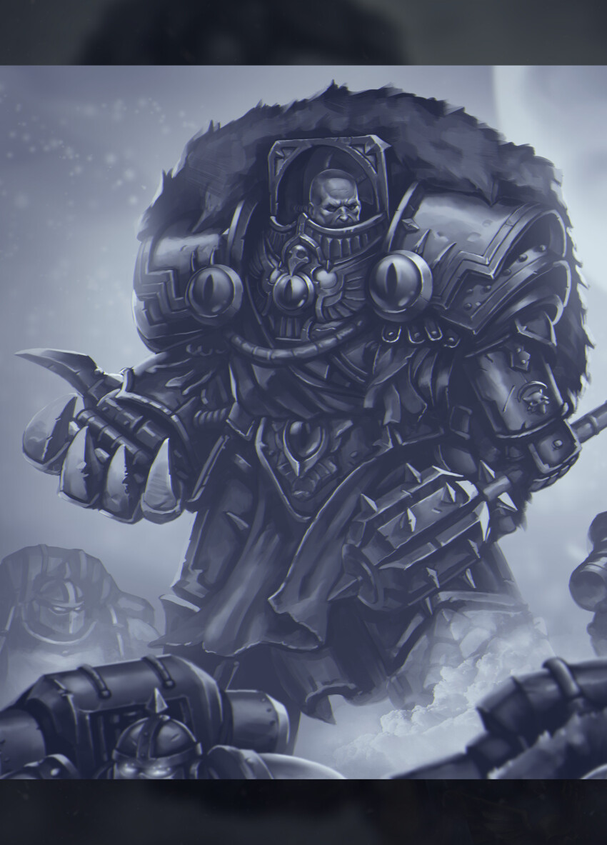 5boys adeptus_astartes animal_skull armor bald bird_skull bird_skull_ornament black_legion bolter breastplate commentary couter cowboy_shot cuirass english_commentary eyes_of_horus_(warhammer_40k) gauntlets glowing glowing_eyes grey_armor greyscale grohgrog gun highres holding holding_bolter holding_gun holding_mace holding_weapon horus_lupercal leg_armor looking_to_the_side mace male_focus monochrome moon multiple_boys out_of_frame outdoors pauldrons pelt pelvic_curtain poleyn power_armor power_claw primarch rerebrace shoulder_armor size_difference solo_focus spiked_helmet spiked_mace spikes standing warhammer_40k weapon