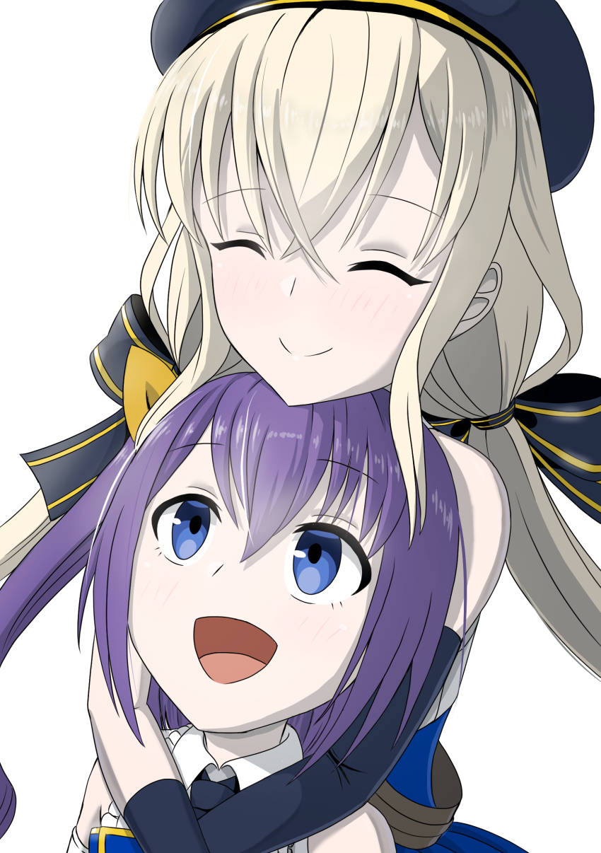 2girls :d ^_^ absurdres assault_lily asymmetrical_gloves bare_shoulders belt beret black_bow black_gloves black_hat blonde_hair blue_eyes blush bow brown_belt chin_rest closed_eyes closed_mouth collared_shirt commentary_request crossed_bangs elbow_gloves frilled_shirt frills gloves hair_between_eyes hair_bow hair_ribbon hat head_on_head head_rest highres hug hug_from_behind kawanabe_nazuna long_hair looking_at_another looking_up low_twintails multiple_girls odaiba_girls_high_school_uniform open_mouth orange_ribbon purple_hair ribbon school_uniform shirt side_ponytail sidelocks simple_background sleeveless sleeveless_shirt smile striped_bow takehisa_nakaba twintails two-tone_shirt upper_body white_background white_gloves white_shirt yadoo
