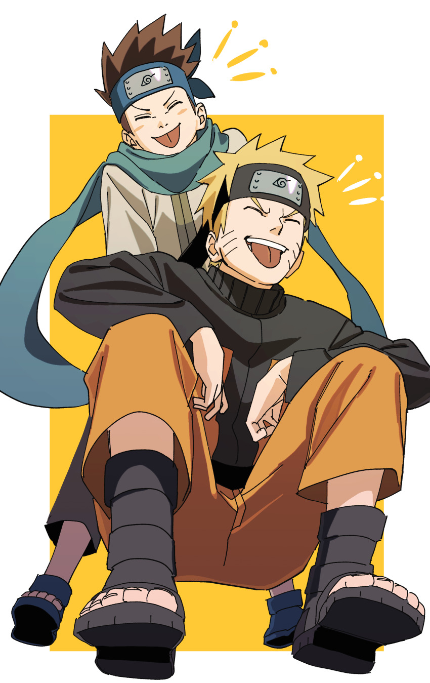 2boys absurdres black_jacket blonde_hair brown_hair closed_eyes facial_mark forehead_protector highres jacket konohagakure_symbol long_sleeves male_focus multiple_boys naruto_(series) naruto_shippuuden open_mouth orange_pants pants pnpk_1013 sarutobi_konohamaru scarf short_hair simple_background spiked_hair teeth tongue tongue_out uzumaki_naruto whisker_markings