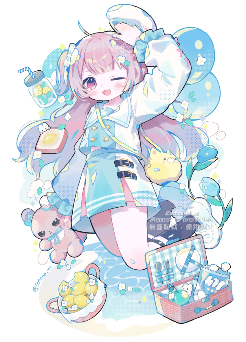 1girl :3 absurdres animal_ears basket beach black_socks blue_flower blue_tulip blush bottle commentary_request commission cotono_(nazekun) flower food fork fruit full_body highres jumping lemon long_sleeves looking_at_viewer one_eye_closed one_side_up open_mouth original picnic_basket pink_eyes pink_hair shirt shoes simple_background skeb_commission skirt smile sneakers socks solo spoon stuffed_animal stuffed_toy teddy_bear tulip twitter_username watermark white_background white_hair white_shirt white_shoes white_skirt