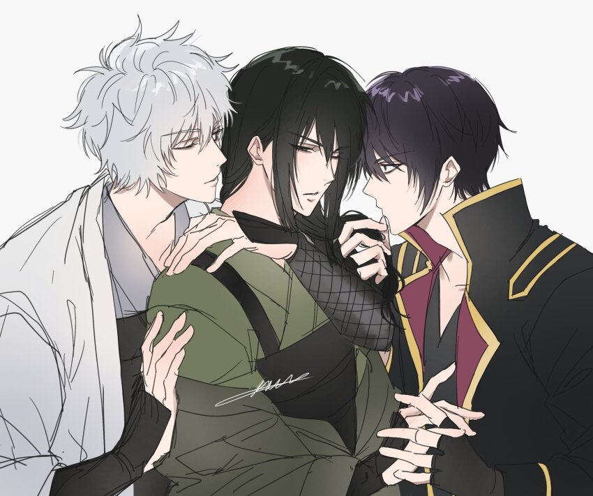 00sa44 3boys black_coat black_hair closed_eyes closed_mouth coat collarbone gintama grey_hair half-closed_eyes highres holding_hands katsura_kotarou long_hair multiple_boys one_eye_closed purple_hair sakata_gintoki short_hair signature standing takasugi_shinsuke white_background yaoi