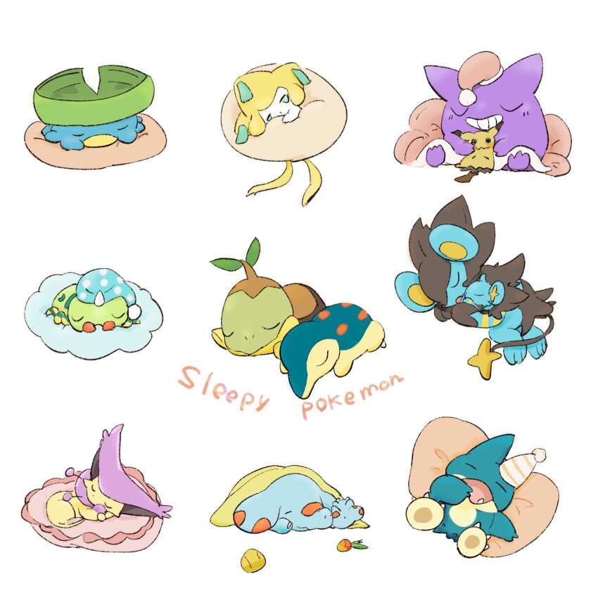 berry_(pokemon) blanket closed_eyes closed_mouth cyndaquil delcatty food gen_1_pokemon gen_2_pokemon gen_3_pokemon gen_4_pokemon gen_7_pokemon gengar grin hat highres holding jirachi legendary_pokemon lotad luxray lying macco0928 mimikyu munchlax mythical_pokemon nightcap nintendo no_humans on_back on_side on_stomach open_mouth phanpy pokemon pokemon_(creature) shinx simple_background sitting sleeping smile spinarak stuffed_toy turtwig white_background