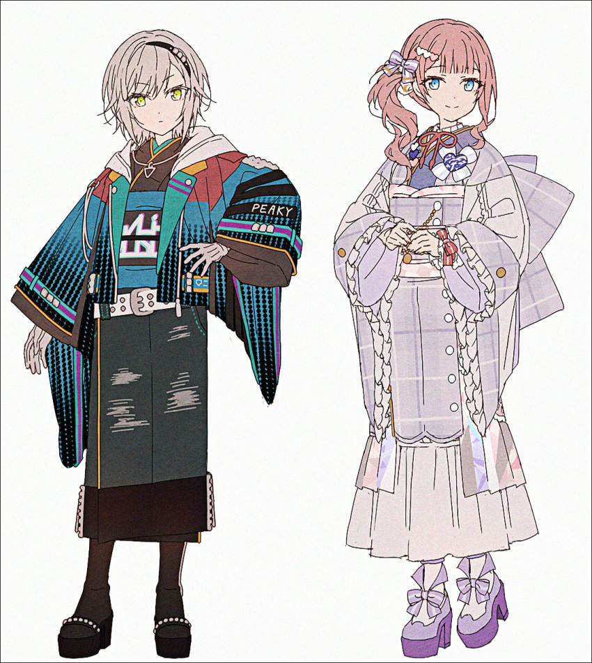 2girls adapted_costume ano_hi_sora_wa_tookatta_(project_sekai) black_hairband black_kimono black_pantyhose black_shoes blue_eyes blue_jacket bow brown_hair closed_mouth frilled_sleeves frills gloves green_eyes grey_background grey_gloves hair_bow hair_ornament hairband hakusai_(tiahszld) halftone heart heart_hair_ornament high_heels highres hinomori_shiho jacket japanese_clothes kimono long_sleeves mochizuki_honami multiple_girls obi open_clothes open_jacket own_hands_together pantyhose project_sekai purple_kimono purple_shoes revision sash shoes simple_background smile standing white_pantyhose wide_sleeves yureru_mama_demo_kimi_wa_mae_e_(project_sekai)