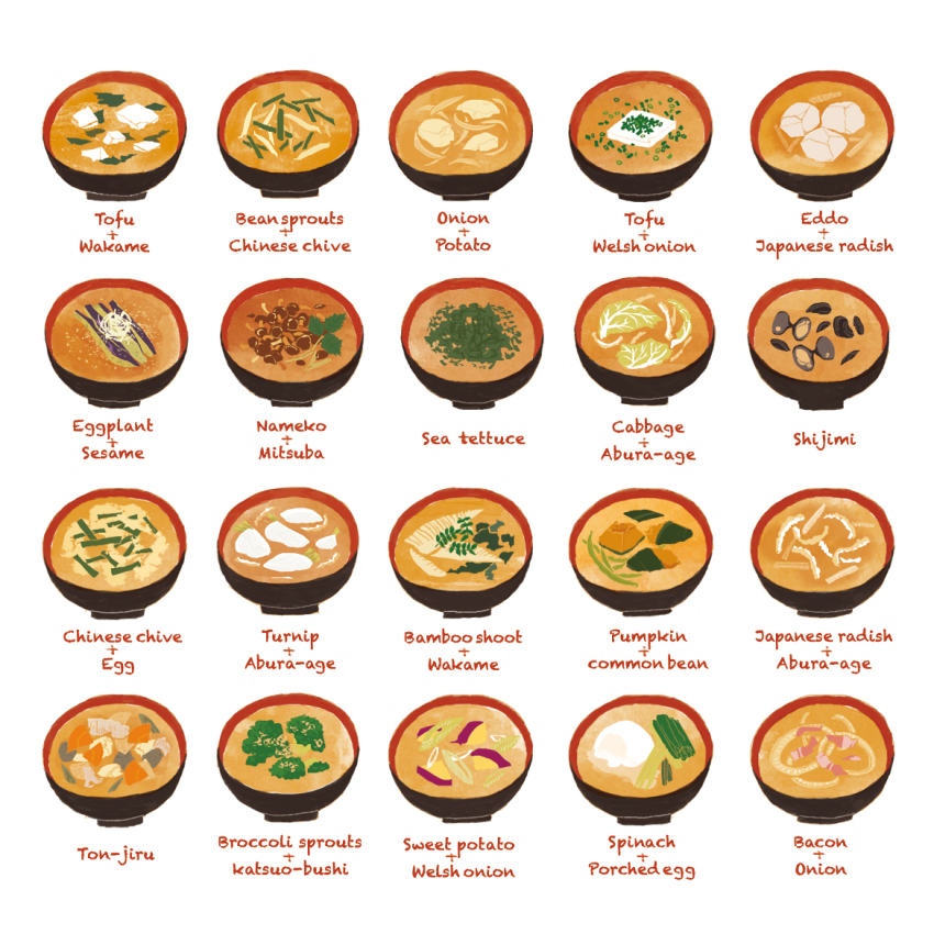aburaage bacon bamboo_shoot bean_sprout bowl broccoli cabbage chives commentary commentary_request egg eggplant english_commentary english_text food food_focus katsuobushi lettuce miso_soup mixed-language_commentary momo556 no_humans onion original oyster poached_egg potato pumpkin radish sesame_seeds simple_background spinach sweet_potato tofu white_background