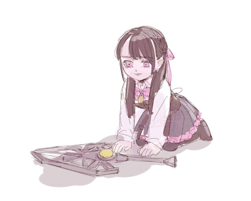 1girl artist_name assault_lily black_skirt boots bow braid brown_boots brown_hair brown_pantyhose closed_mouth collared_shirt commentary_request corset frilled_skirt frills fukuyama_jeanne_sachie full_body hair_bow half_up_braid half_updo jewelry kneeling komuzuka long_hair looking_at_object looking_down ludvico_private_girls&#039;_academy_school_uniform miniskirt pantyhose pendant pink_bow pink_eyes school_uniform shadow shirt signature sketch skirt solo tearing_up underbust weapon white_shirt
