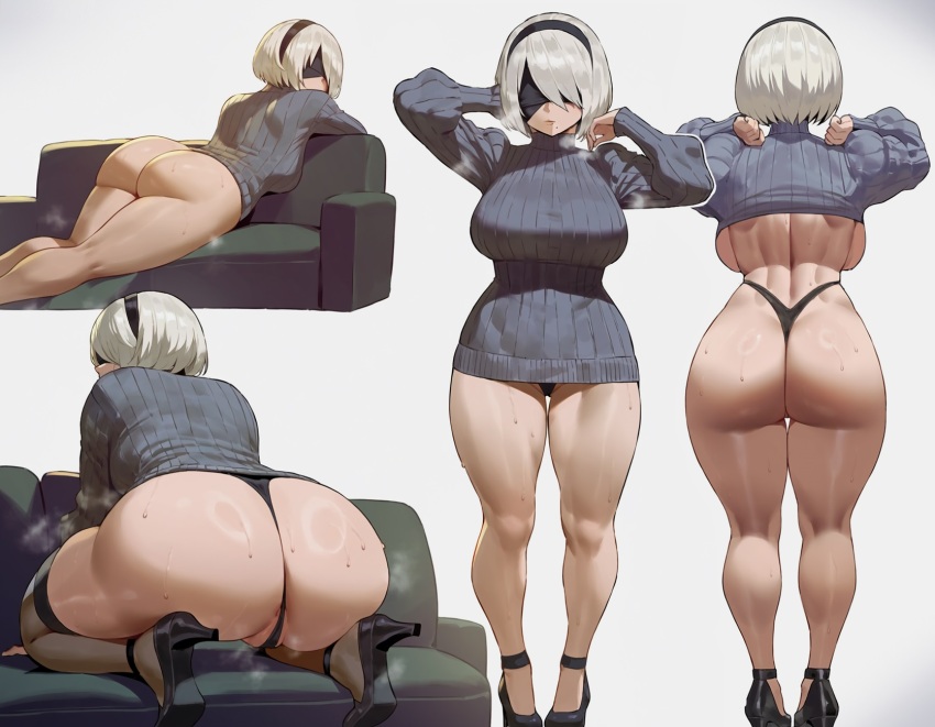 1girl 2b_(nier:automata) ai-assisted alternate_costume anus anus_peek artist_name ass backboob black_hairband black_shoes black_thighhighs blindfold breasts commentary couch from_behind grey_background grey_sweater hairband high_heels highres huge_ass kneepits large_breasts lying multiple_views nier:automata nier_(series) on_couch on_stomach patreon_logo patreon_username shexyo shoes short_hair standing sweat sweater thighhighs thong underwear watermark web_address white_hair