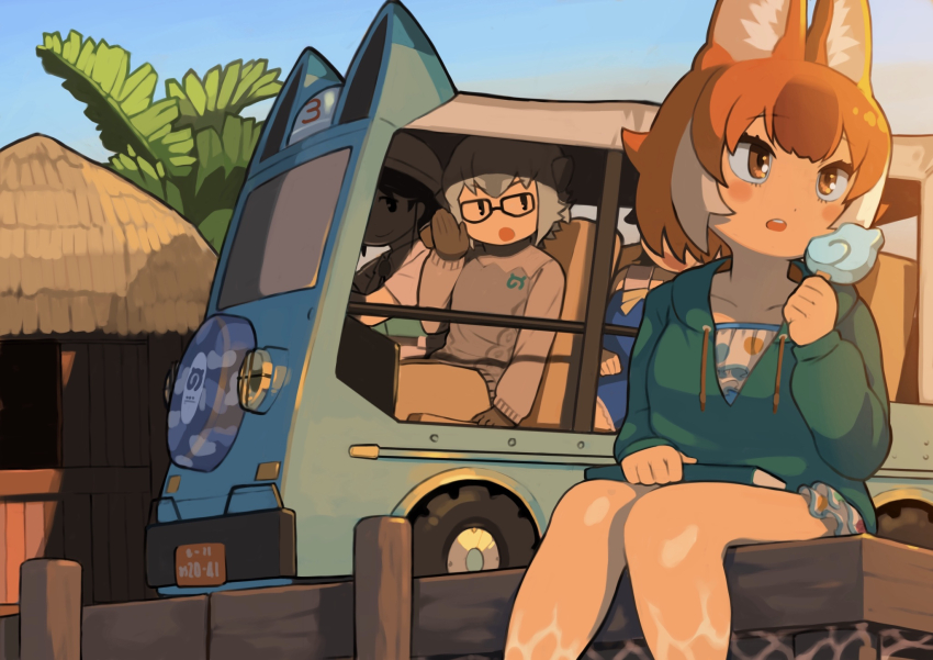 4girls alternate_costume animal_ears aran_sweater black_eyes blue_sky book book_on_lap brown_gloves brown_hair brown_pantyhose cable_knit captain_(kemono_friends) car collarbone commentary_request common_dolphin_(kemono_friends) dhole_(kemono_friends) drawstring driving drooling eating evening food glasses gloves green_hoodie green_shirt grey_hair grey_sweater hand_to_own_mouth hat highres holding holding_book hood hood_down hoodie hut japari_symbol kemono_friends kemono_friends_3 long_sleeves looking_at_another looking_to_the_side meerkat_(kemono_friends) motor_vehicle mouth_drool multicolored_hair multiple_girls on_bench orange_gloves outdoors palm_tree pantyhose popsicle rinx shirt short_hair short_sleeves shouting_with_hands sitting sky sleeping smile streaked_hair sweater thatched_roof tree white_sleeves