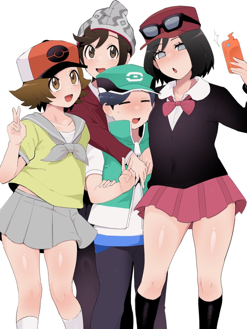 4boys :d :o beanie brown_eyes brown_hair calem_(pokemon) collared_shirt commentary_request cosplay crossdressing eyelashes eyewear_on_headwear green_hat green_vest grey_eyes grey_hat grey_sailor_collar grey_skirt hat highres hilbert_(pokemon) holding holding_phone jacket knees lass_(pokemon) lass_(pokemon)_(cosplay) male_focus multiple_boys nintendo no_pupils open_mouth pants phone pleated_skirt pokemon pokemon_bw pokemon_masters_ex pokemon_swsh pokemon_xy red_hat red_jacket sailor_collar sana_(37pisana) scottie_(pokemon) shirt short_hair short_sleeves skirt smile socks sunglasses sweater vest victor_(pokemon) white_shirt yellow_shirt zipper_pull_tab