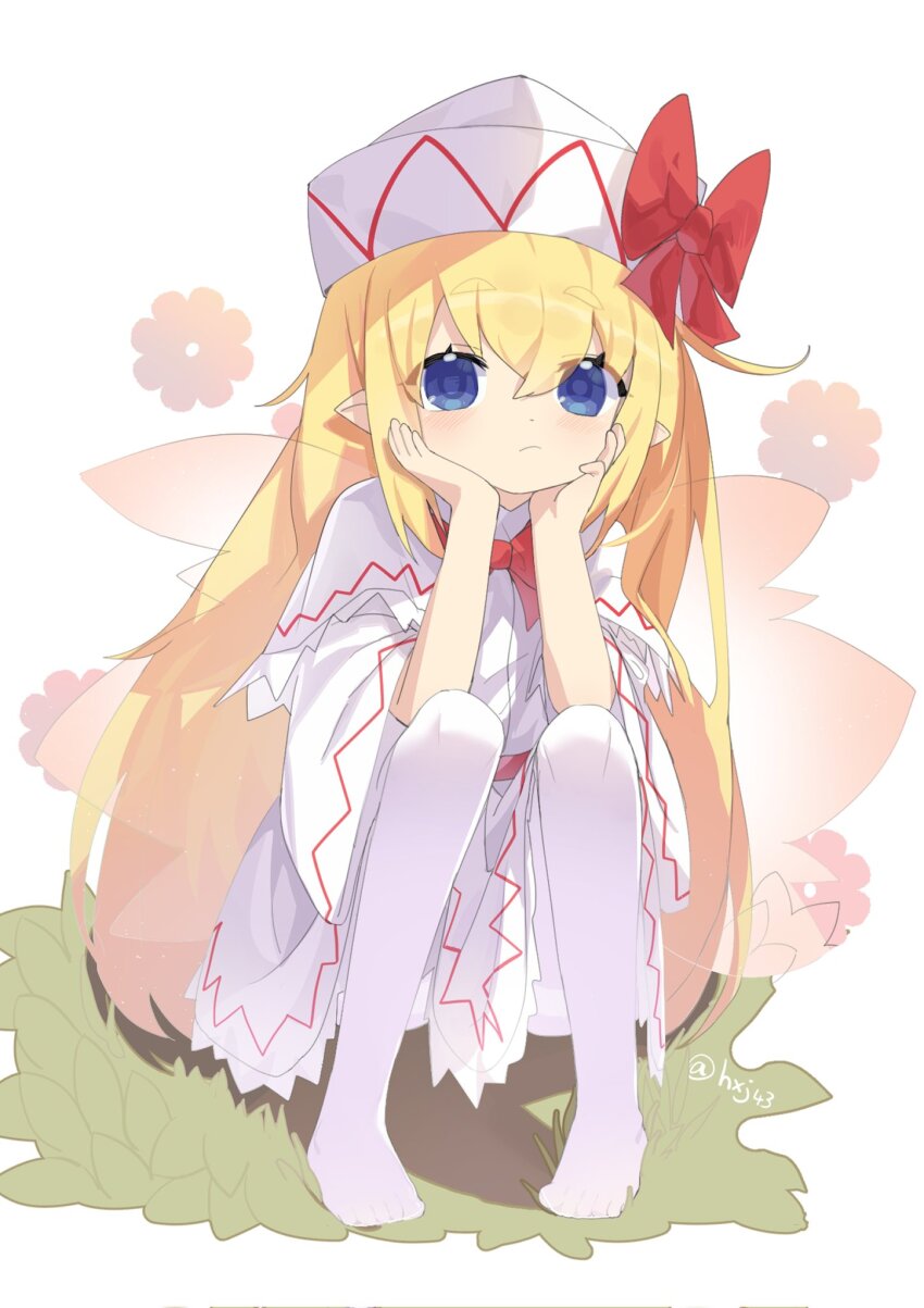 1girl blonde_hair blue_eyes bow bowtie capelet commentary_request dot_nose dress eyes_visible_through_hair fairy_wings floral_background flower hair_between_eyes hands_on_own_cheeks hands_on_own_face hands_up hat hat_bow highres hxj_(2324184595) knees_up light_blush light_frown lily_white long_hair looking_at_viewer on_grass pantyhose pigeon-toed pointy_ears red_bow red_bowtie red_flower simple_background solo squatting thighband_pantyhose touhou very_long_hair white_background white_capelet white_dress white_pantyhose wings