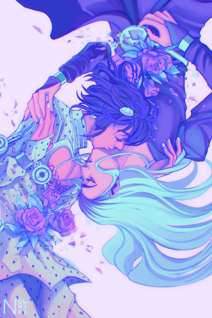 2boys absurdres black_hair blue_theme bridal_gauntlets bruno_bucciarati closed_eyes clothing_cutout flower hair_ornament hairclip highres jojo_no_kimyou_na_bouken kiss leone_abbacchio long_hair makeup male_focus medium_hair multiple_boys nail_polish nolvini pectoral_cleavage pectorals petals rose upside-down vento_aureo yaoi