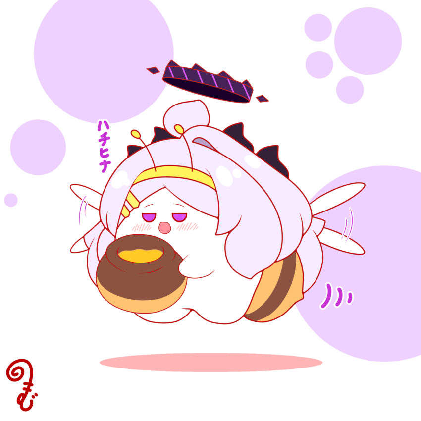 :d ahoge bee_costume blue_archive blush chibi colored_shadow fake_antennae grey_hair hair_ornament hairband hairclip halo highres hina_(blue_archive) holding honey honeypot horns insect_wings kurukurumagical long_hair motion_lines open_mouth parted_bangs purple_eyes shadow single_hair_intake smile solo speed_lines translation_request very_long_hair white_background white_wings wings yellow_hairband