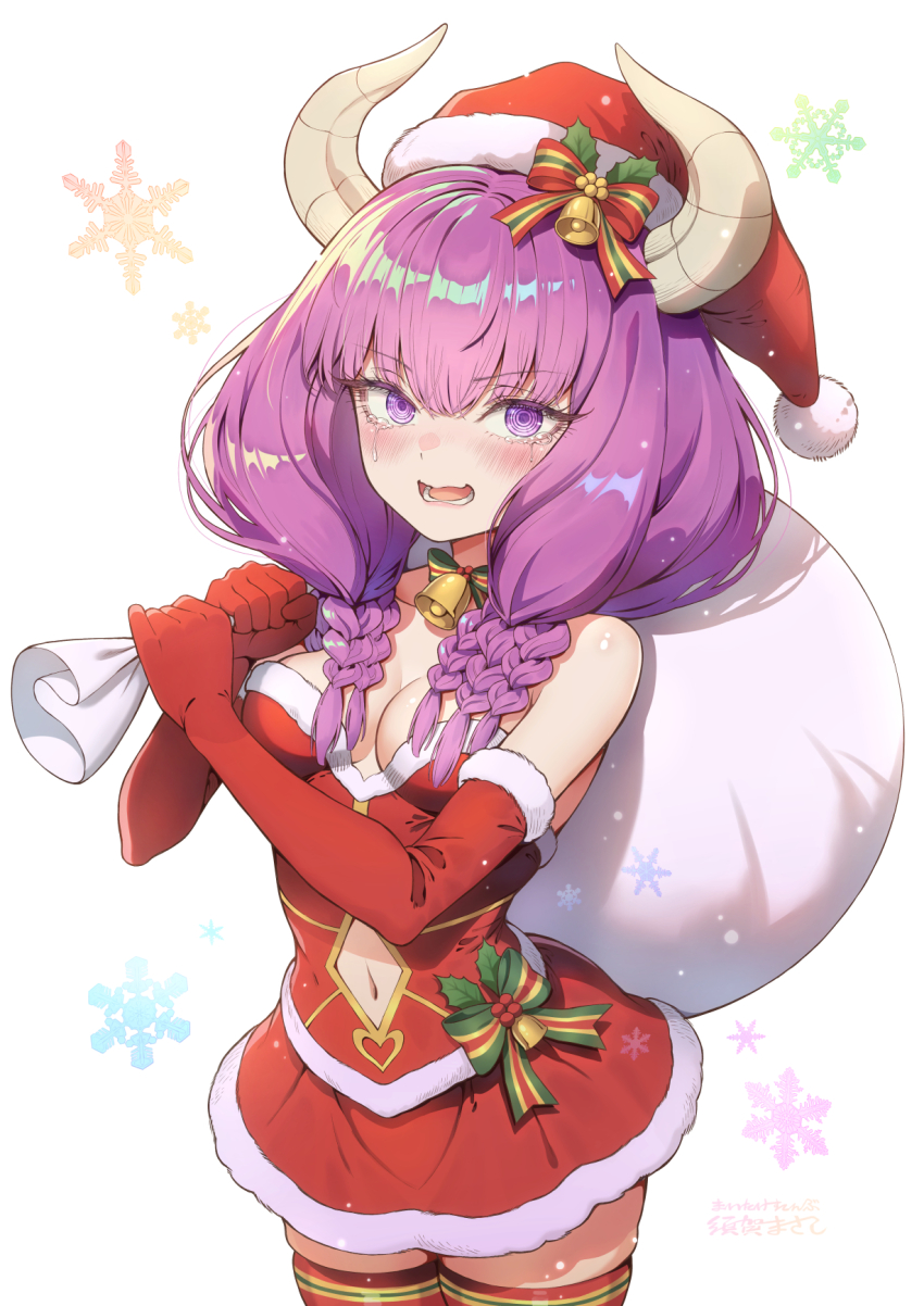 1girl aura_(sousou_no_frieren) bare_shoulders bell blush bow braid breasts christmas cleavage clothing_cutout commentary_request crying crying_with_eyes_open demon_girl demon_horns dress elbow_gloves fur-trimmed_dress fur-trimmed_gloves fur-trimmed_headwear fur_trim gloves hair_bell hair_between_eyes hair_bow hair_ornament hat highres holding holding_sack holly horns long_hair looking_at_viewer low-braided_long_hair low-tied_long_hair lower_teeth_only multiple_braids navel navel_cutout neck_bell open_mouth purple_eyes purple_hair quad_braids red_dress red_gloves red_hat red_thighhighs sack santa_costume santa_dress santa_hat skindentation snow snowflakes solo sousou_no_frieren strapless strapless_dress suga_masashi tears teeth thighhighs thighs white_background