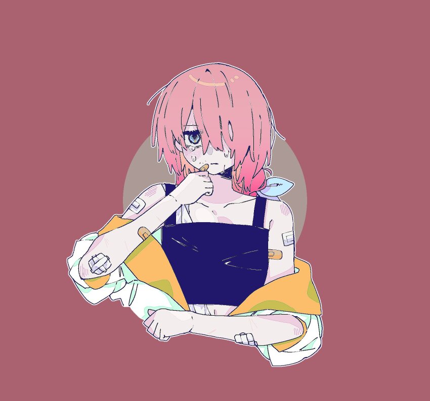 1girl alternate_hairstyle aubrey_(faraway)_(omori) aubrey_(omori) bandaid bandaid_on_arm bandaid_on_face blue_eyes blue_ribbon closed_mouth collarbone crop_top crying crying_with_eyes_open hair_over_one_eye hair_ribbon highres jacket long_hair looking_at_viewer omori pink_hair point_0d red_background ribbon short_sleeves simple_background solo tears upper_body white_jacket