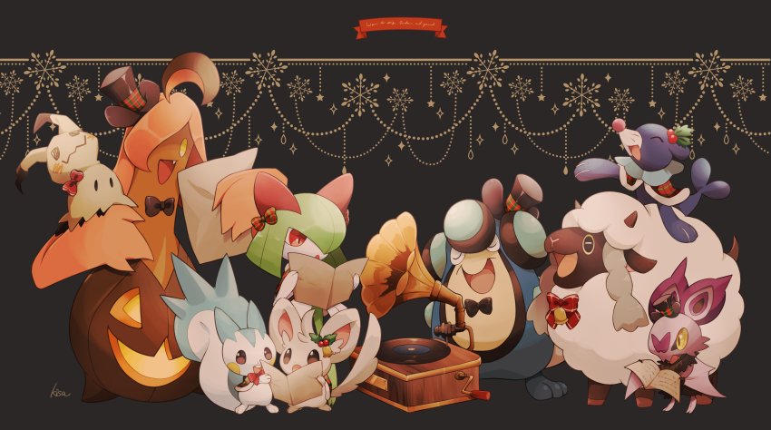 absurdres bell brown_eyes clothed_pokemon commentary_request fang gen_3_pokemon gen_4_pokemon gen_5_pokemon gen_6_pokemon gen_7_pokemon gen_8_pokemon gourgeist highres holding kirlia kisa_(kisa-kisa5900) mimikyu minccino mistletoe nintendo noibat open_mouth pachirisu palpitoad phonograph pokemon pokemon_(creature) popplio signature smile teeth tongue wooloo yellow_eyes