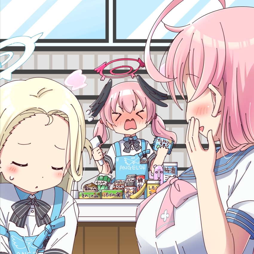 &gt;_&lt; 3girls ahoge angel&#039;s_24_uniform_(blue_archive) apron barcode_scanner black_wings blonde_hair blue_apron blue_archive blush bow bowtie closed_eyes flying_sweatdrops halo hanako_(blue_archive) hand_to_own_mouth head_wings highres holding holding_barcode_scanner koharu_(blue_archive) long_hair multiple_girls na!_(na&#039;mr) open_mouth pink_bow pink_bowtie pink_hair red_halo shirt short_sleeves sora_(blue_archive) store_clerk textless_version twintails white_shirt wings