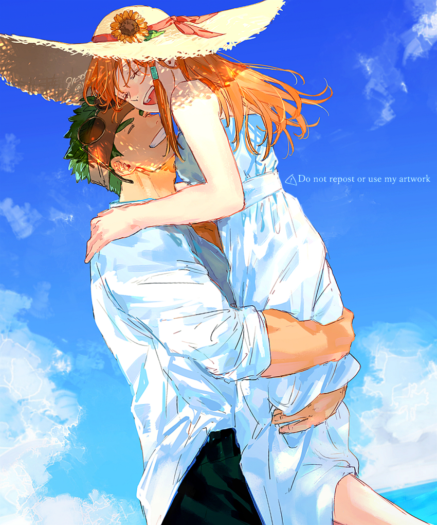 1boy 1girl 91007 alternate_costume artist_name bare_shoulders blue_sky bow boyd_(fire_emblem) brown_headband closed_eyes cloud commentary_request couple dress eyewear_on_head fire_emblem fire_emblem:_radiant_dawn flower green_hair grin hair_tubes happy hat hat_bow headband hetero highres lifting_person long_hair mist_(fire_emblem) nintendo open_mouth outdoors round_eyewear shadow shirt short_hair sky sleeveless sleeveless_dress sleeves_rolled_up smile straw_hat sun_hat sundress sunflower sunglasses twitter_username white_dress white_shirt