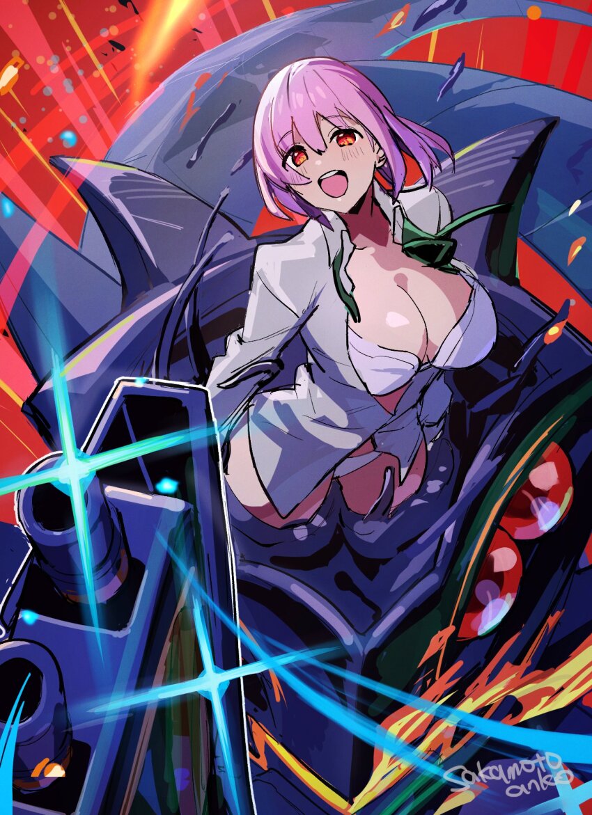 1girl alexis_kerib azur_lane bow bowtie breasts closed_mouth collared_shirt glowing green_bow green_bowtie gridman_universe hair_between_eyes highres large_breasts long_sleeves looking_at_viewer mecha non-humanoid_robot purple_hair red_eyes rigging robot sakamoto_(ojiojiojisanda) science_fiction shinjou_akane ship_turret shirt short_hair skirt sleeves_past_wrists smile ssss.gridman underwear white_shirt