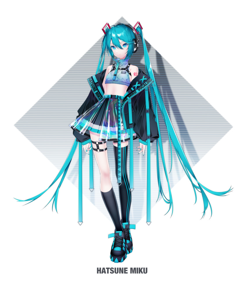 1055 1girl absurdres aqua_eyes aqua_hair aqua_nails aqua_shoes arm_tattoo arms_at_sides asymmetrical_legwear bare_shoulders black_jacket black_shoes black_skirt black_socks black_thighhighs breasts character_name closed_mouth commentary copyright_name cropped_shirt expressionless eyebrows_hidden_by_hair full_body grey_background hair_between_eyes hair_ornament hatsune_miku headphones high-waist_skirt high_collar highres jacket kneehighs long_hair long_sleeves looking_at_viewer midriff miniskirt multicolored_shoes number_tattoo o-ring o-ring_thigh_strap off_shoulder open_clothes open_jacket pleated_skirt red_pupils see-through_clothes see-through_skirt shadow shirt shoes sidelocks simple_background single_kneehigh single_sock single_thighhigh skirt skirt_under_skirt sleeveless sleeveless_shirt sleeves_past_wrists small_breasts socks solo standing straight_hair striped_clothes striped_thighhighs tattoo thigh_strap thighhighs tsurime twintails two-tone_background two-tone_shoes uneven_legwear vertical-striped_clothes vertical-striped_thighhighs very_long_hair vocaloid white_background white_shirt x yamaha zettai_ryouiki zipper zipper_pull_tab