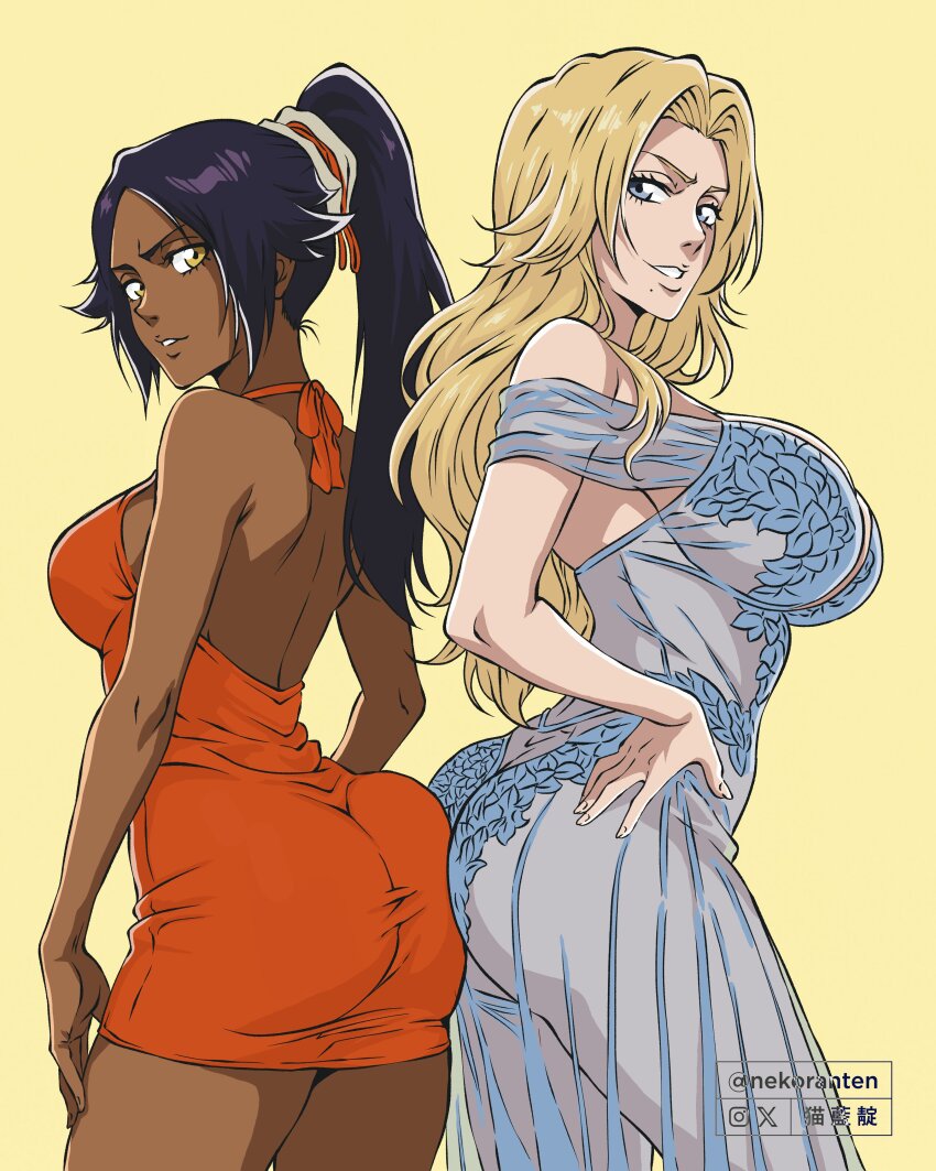 2girls artist_name bleach blonde_hair blue_dress blue_eyes breasts dark-skinned_female dark_skin dress hair_ornament hand_on_own_hip highres large_breasts long_hair matsumoto_rangiku mole mole_under_mouth multiple_girls nekoranten orange_dress ponytail purple_hair see-through_clothes see-through_dress shihouin_yoruichi simple_background twitter_username yellow_eyes
