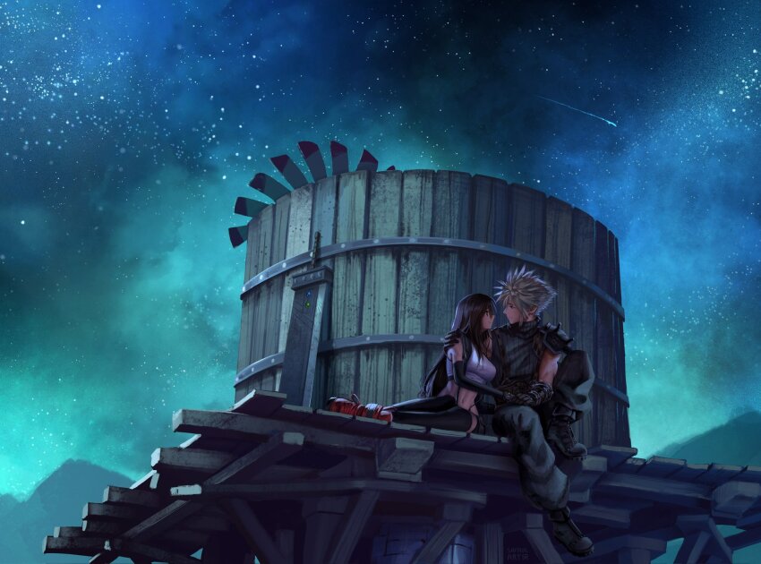 1boy 1girl armor baggy_pants bare_shoulders black_gloves black_hair black_skirt black_thighhighs blonde_hair boots breasts buster_sword closed_mouth cloud_strife commentary commission couple crop_top elbow_gloves english_commentary final_fantasy final_fantasy_vii final_fantasy_vii_ever_crisis final_fantasy_vii_rebirth final_fantasy_vii_remake full_body gloves hand_on_another&#039;s_shoulder highres holding_hands knee_up large_breasts long_hair looking_at_another looking_to_the_side materia midriff mountainous_horizon navel nibelheim night night_sky outdoors pants red_boots safaia scenery shooting_star shoulder_armor sitting skirt sky sleeveless sleeveless_turtleneck smile spiked_hair star_(sky) starry_sky suspender_skirt suspenders sweater tank_top thighhighs tifa_lockhart turtleneck turtleneck_sweater water_tank water_tower white_tank_top windmill yokozuwari