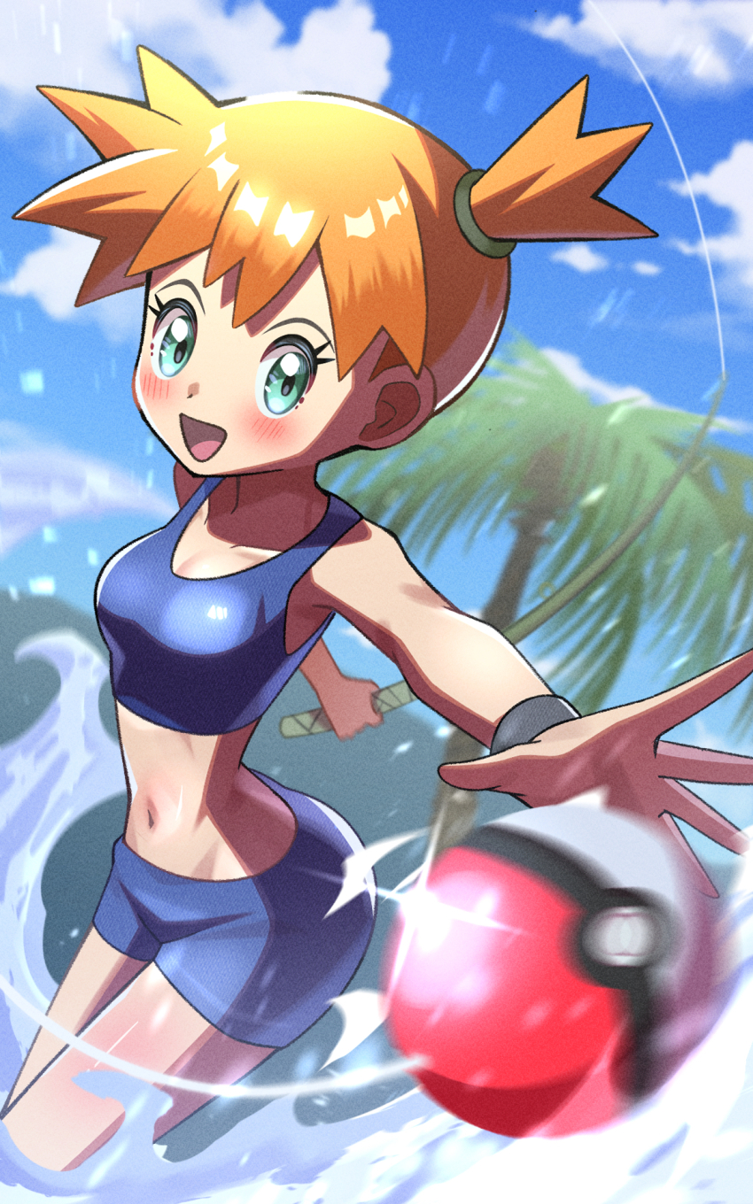 1girl aqua_eyes bikini blue_sky blush cloud fishing_line fishing_rod highres holding holding_fishing_rod in_water inana_umi light_rays looking_at_viewer misty_(pokemon) navel nintendo open_mouth orange_hair palm_tree poke_ball pokemon pokemon_frlg reflection reflective_water side_ponytail sky solo sports_bikini stomach swimsuit throwing throwing_poke_ball tree water water_drop wristband