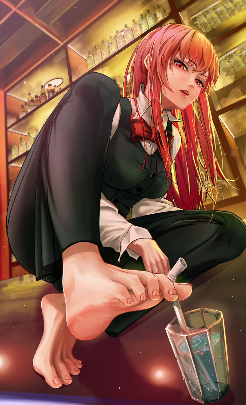 1girl bar_(place) barefoot bartender between_toes feet glass highres long_hair looking_at_viewer parted_lips red_eyes red_hair soles straw suou_makoto