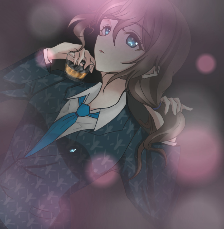 1girl alternate_hairstyle aqua_eyes artist_name artist_request beamed_quavers blue_eyes blue_necktie blush breasts brown_hair buttons collared_shirt cup drinking_glass female_focus floating_hair hair_between_eyes highres holding holding_cup holding_drinking_glass holding_own_hair ice ice_cube jacket long_hair long_sleeves looking_at_viewer love_live! love_live!_nijigasaki_high_school_idol_club necktie office_lady osaka_shizuku parted_lips ponytail quaver shirt short_ponytail smile solo suit_jacket upper_body wavy_hair white_shirt