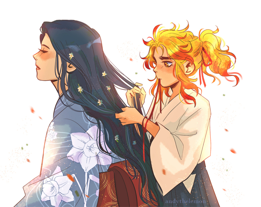 1boy 1girl andythelemon black_hair blonde_hair braiding_hair flower flower_on_head hairdressing kimetsu_no_yaiba long_hair mother_and_son multicolored_hair red_hair rengoku_kyoujurou rengoku_ruka two-tone_hair
