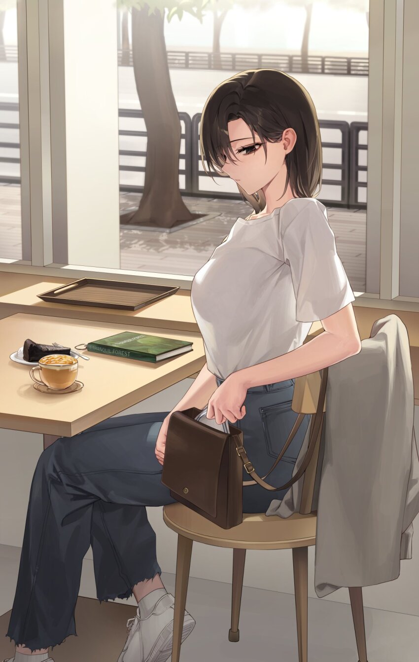 1girl bag black_eyes book breasts brown_hair cake cake_slice chair closed_mouth coffee commentary cup fence food fork grey_jacket hair_behind_ear handbag high-waist_pants highres indoors jacket large_breasts latte_art original pants parted_bangs plate railing sabotensuteeki see-through_clothes see-through_shirt shirt sitting solo spoon symbol-only_commentary table torn_clothes torn_pants tray tree white_shirt white_sneakers window