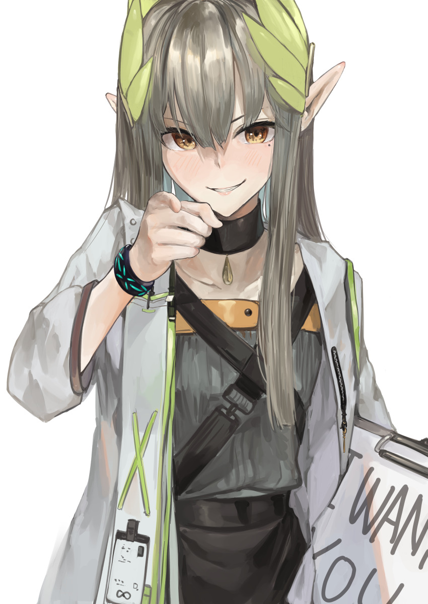 1girl absurdres arknights black_choker black_skirt blush brown_hair choker clipboard collarbone english_text grey_shirt grin highres holding holding_clipboard i_want_you infection_monitor_(arknights) jacket kajuu laurel_crown long_hair long_sleeves mole mole_under_eye muelsyse_(arknights) open_clothes open_jacket pink_lips pointing pointing_at_viewer pointy_ears poster_parody shirt simple_background skirt smile solo white_background white_jacket yellow_eyes