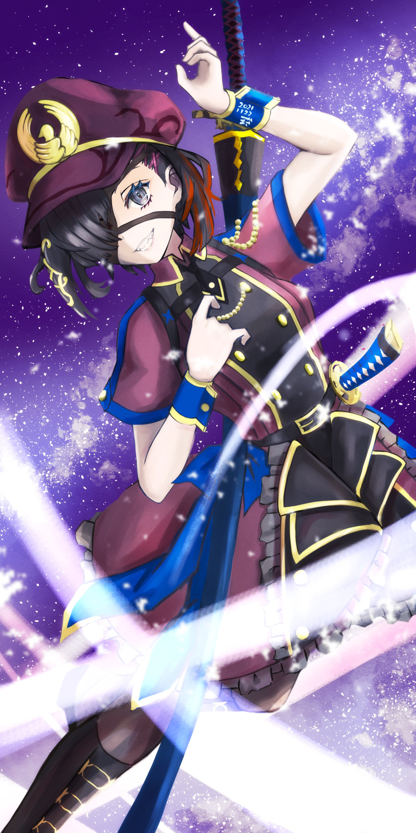 1girl absurdres belt_buckle black_boots black_dress black_hair black_thighhighs blue_eyes boots buckle buttons dated double-breasted dress eyepatch fate/grand_order fate_(series) frilled_dress frills gold_trim grin hair_ornament hat highres looking_at_viewer multicolored_hair mysterious_ranmaru_x_(fate) one_eye_covered purple_background red_dress red_hat red_streaks scabbard sharp_teeth sheath sheathed short_hair short_sleeves smile solo star_(sky) starry_sky_background streaked_hair sword teeth thighhighs tsukaasa weapon