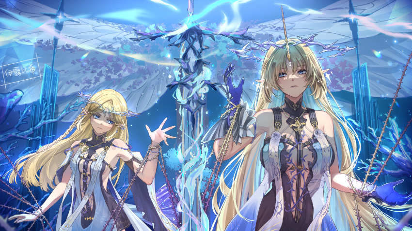 2girls absurdres barbed_wire bare_shoulders black_collar black_dress blonde_hair blue_eyes blue_hair blue_hands breasts cartethyia_(wuthering_waves) closed_mouth collar colored_inner_hair commentary cowboy_shot crown_of_thorns dress dual_persona fleurdelys_(wuthering_waves) hand_up highres horns jewelry large_breasts long_hair long_horns looking_at_object medium_breasts multicolored_hair multiple_girls necklace parted_bangs reaching single_horn sword tabard tacet_mark_(wuthering_waves) very_long_hair weapon white_tabard wuthering_waves yellow_horns yilubixi
