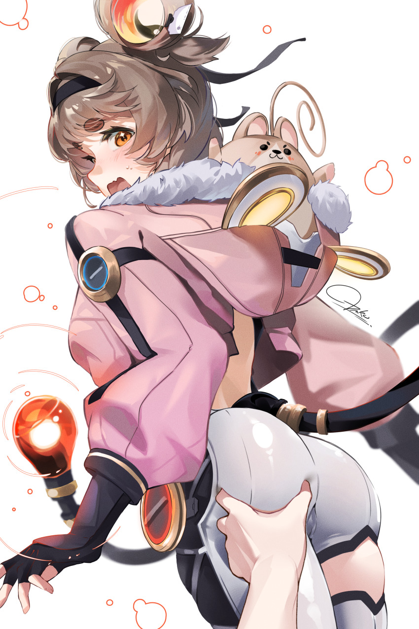 1boy 1girl absurdres ass black_gloves black_hairband black_shirt bodysuit brown_hair commentary fingerless_gloves fur-trimmed_jacket fur_trim gloves grabbing_another&#039;s_ass groping hairband hamster highres jacket looking_at_viewer lumi_(wuthering_waves) open_mouth orange_eyes pink_jacket shirt single_leg_bodysuit t3ku thick_eyebrows thighs white_bodysuit wuthering_waves