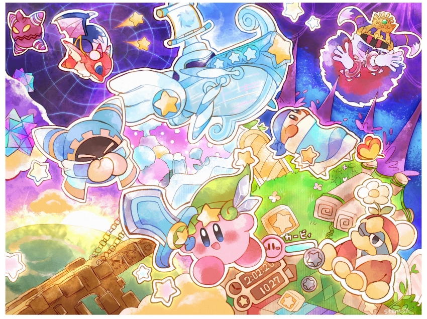 :d aircraft airship armor artist_name bandana bandana_waddle_dee blue_bandana blue_cloak blue_eyes blush boots border bridge brown_eyes bug butterfly cloak closed_eyes coin commentary_request crown deppa_(kirby) dragon flower flying fur-trimmed_jacket fur_trim gameplay_mechanics gloves grass green_headwear hat health_bar highres holding holding_sword holding_weapon insect jacket king_dedede kirby kirby&#039;s_return_to_dream_land kirby_(series) landia long_sleeves lor_starcutter magolor mask meta_knight nintendo one_eye_closed open_mouth outline pauldrons pink_flower planet plant rayman_limbs red_eyes red_headwear red_jacket riding riding_dragon shoulder_armor smile snow space star_(symbol) star_block stern_(stern_dream) stomper_boot sword sword_kirby timestamp ultra_sword_kirby vines volcano weapon white_border white_outline wooden_bridge yellow_eyes yellow_flower yellow_gloves